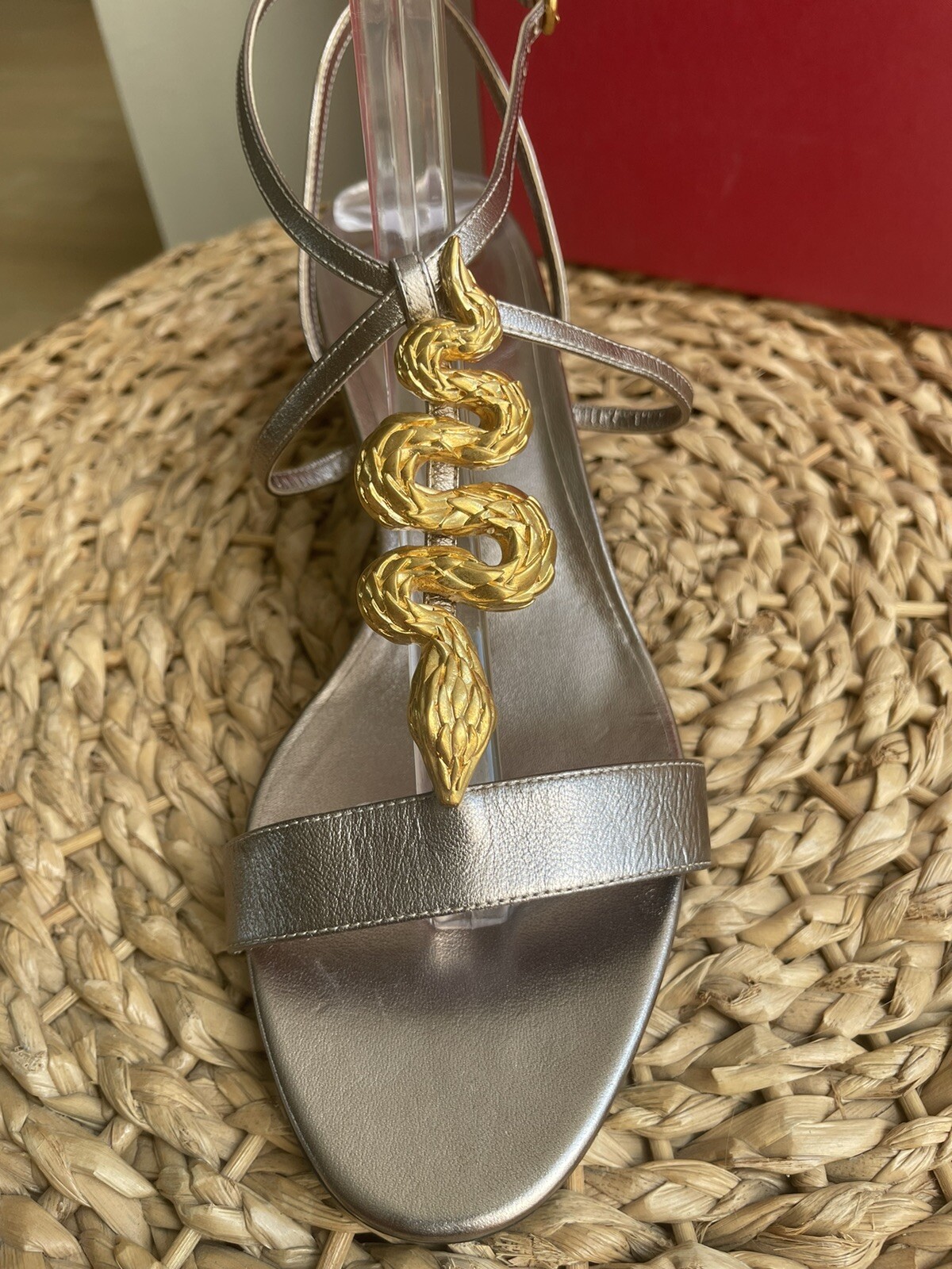 Valentino Garavani Silver Leather Snake Serpent Block Heel Sandals, Bronze, 40