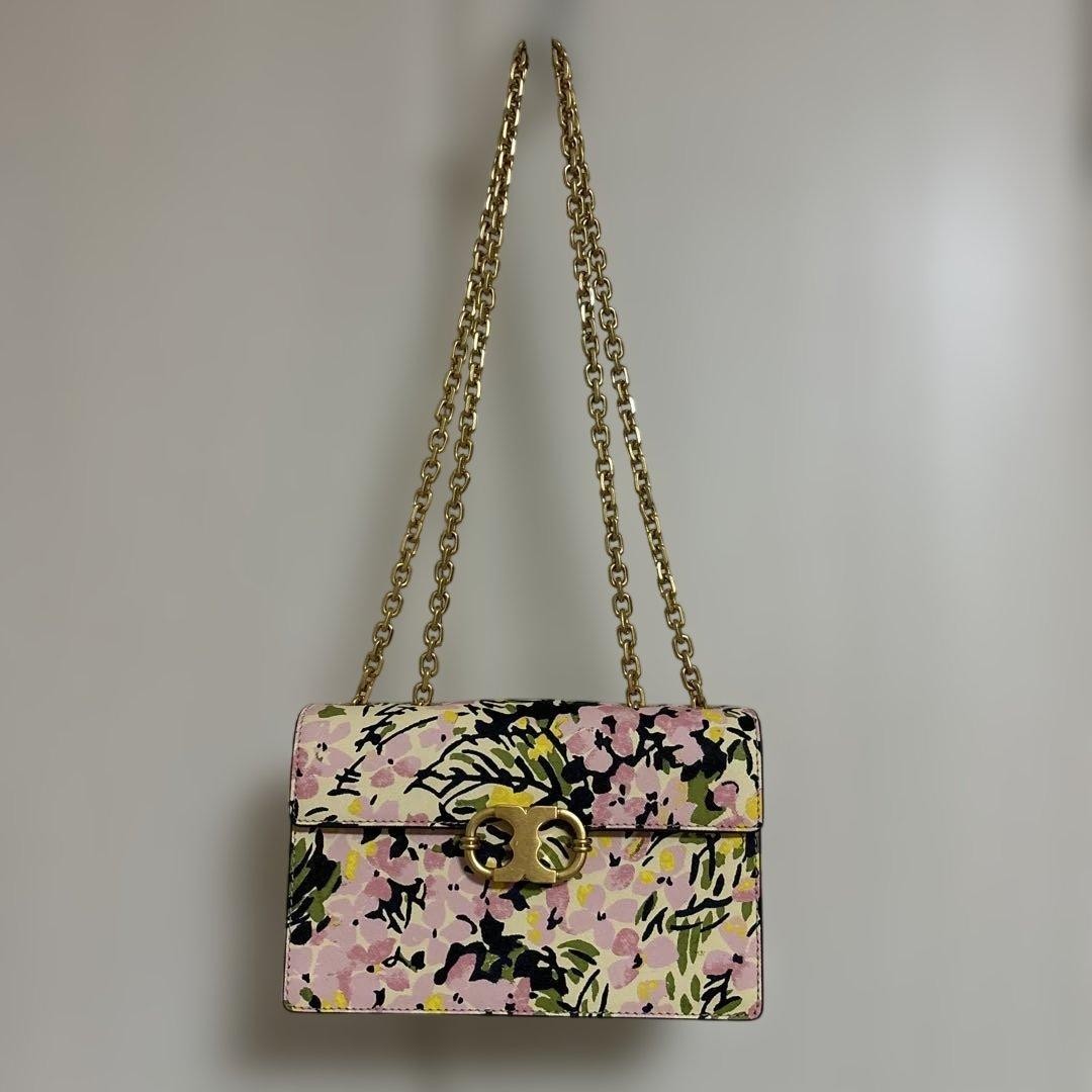 Tory Burch Floral Print Chain Shoulder Bag Canvas Pink Gold Lock 21cm/8.3in