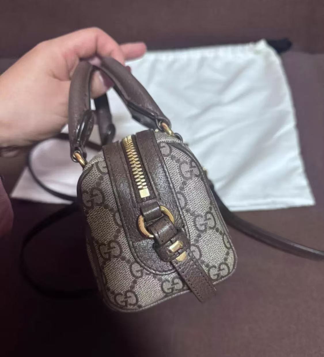 GUCCI Ophidia Mini Boston Beige/Ebony GG Canvas Top Handle Bag hot sale Auth