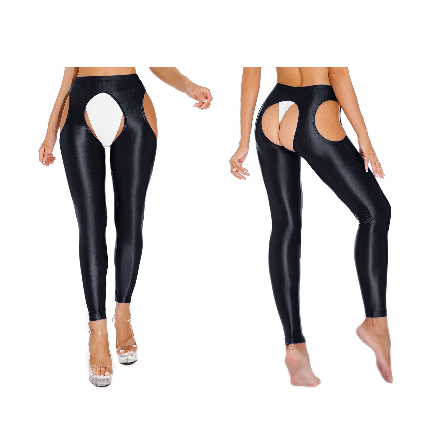 Women’s Glossy Hollow Out Open Crotch High Waist Suspender Tights Skinny Pants