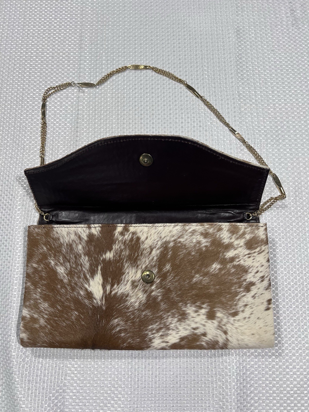 Brown & White Cowhide Hair-On Hide Clutch Shoulder Bag w/ Chain Strap Snap