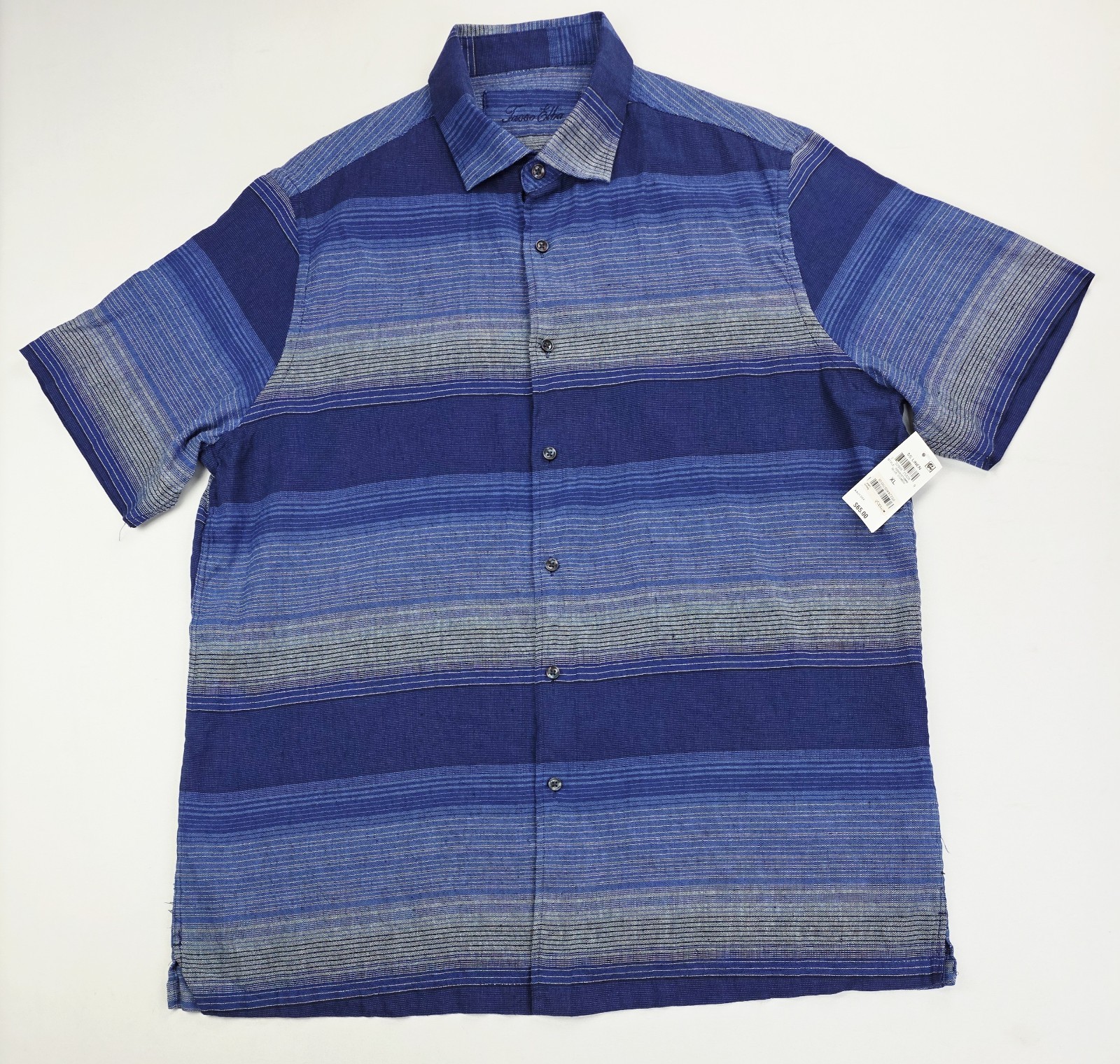 Tasso Elba Mens Size XL Blue Gray Stripe Short Sleeve Linen Blend Shirt NWT