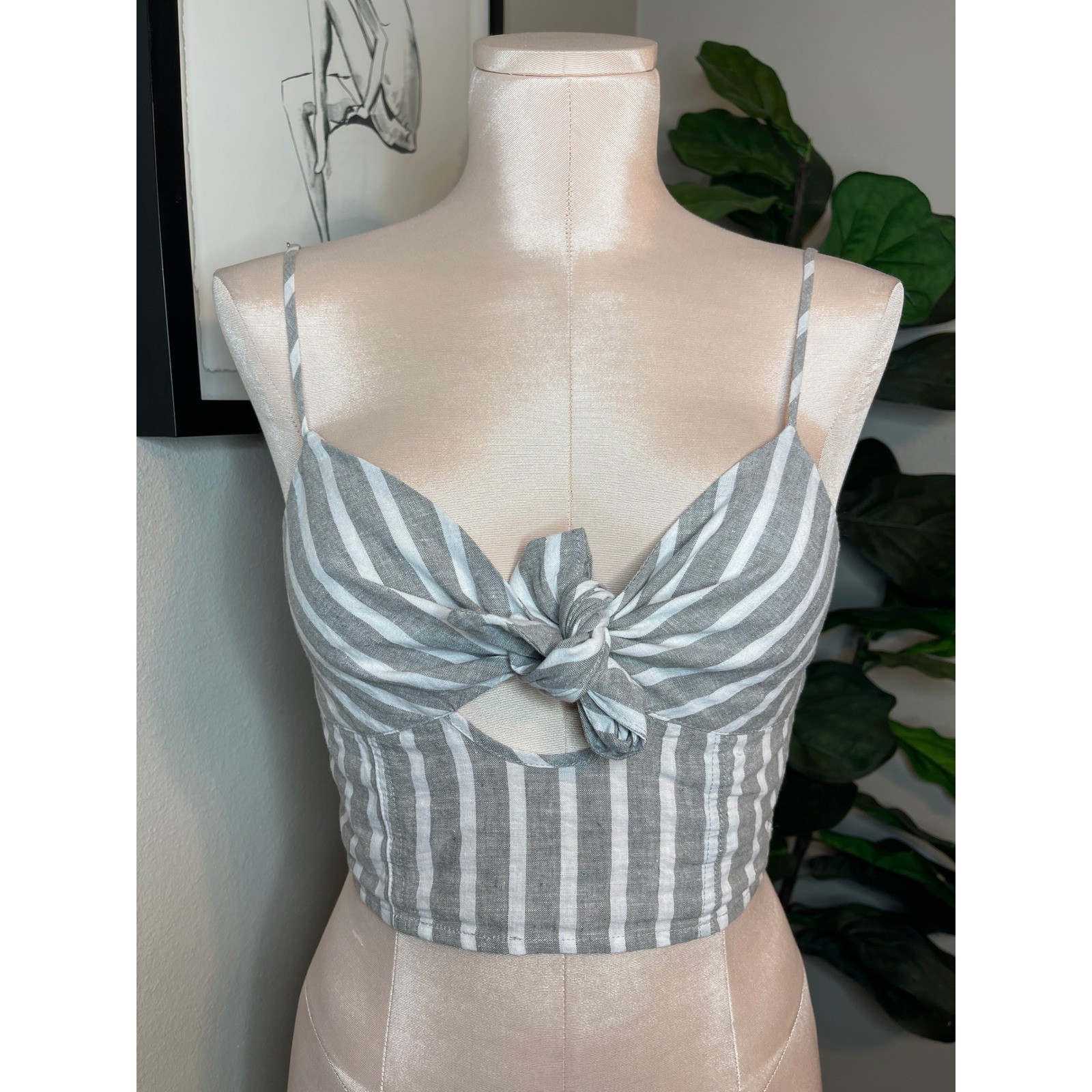 Blue Life Mila Tie Front Top Grey White Stripe Linen Cotton XS