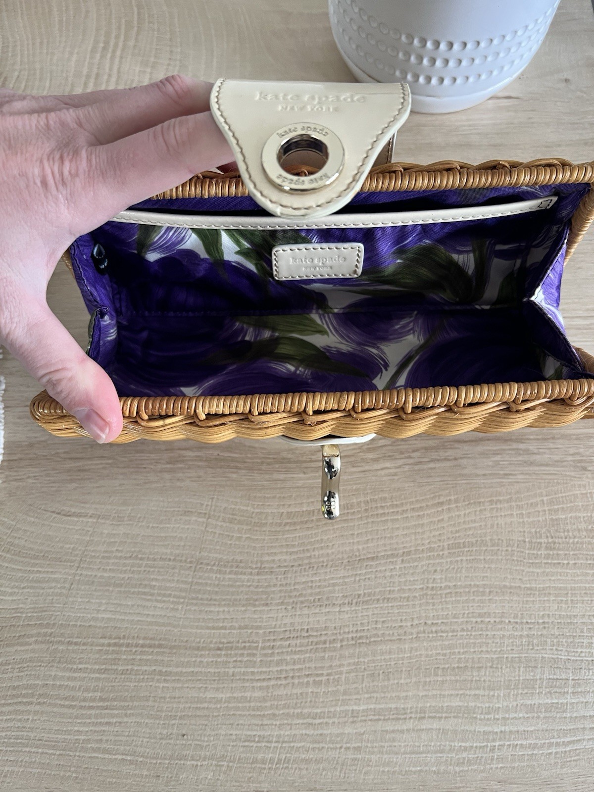 Kate Spade New York Woven Clutch Tan White Buckle Accent Turn Lock