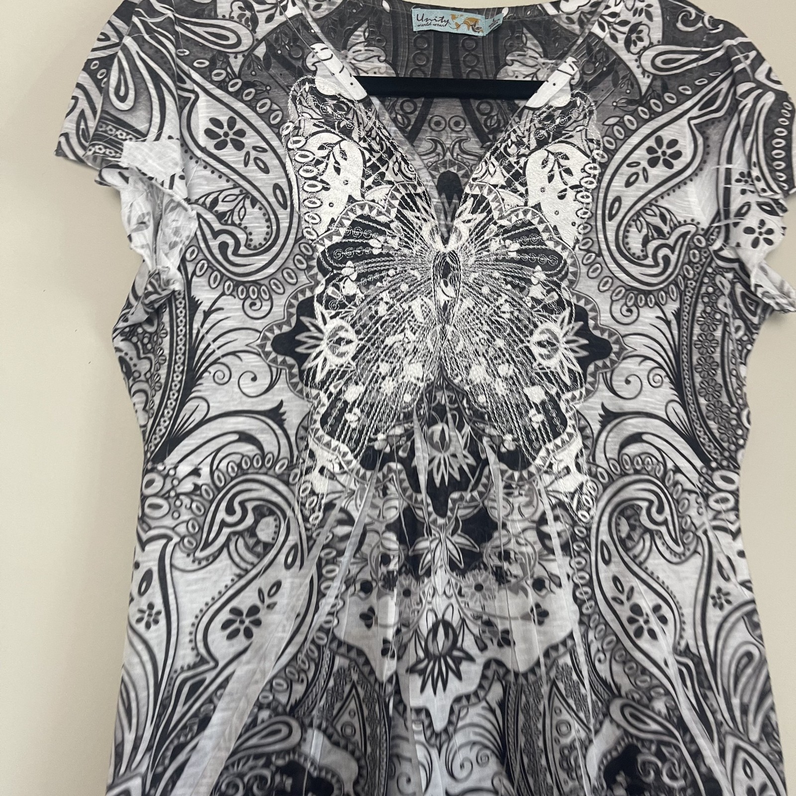 Unity Boho Paisley Butterfly Print Top Women’s Y2K Grunge Fairycore Tee Sz L