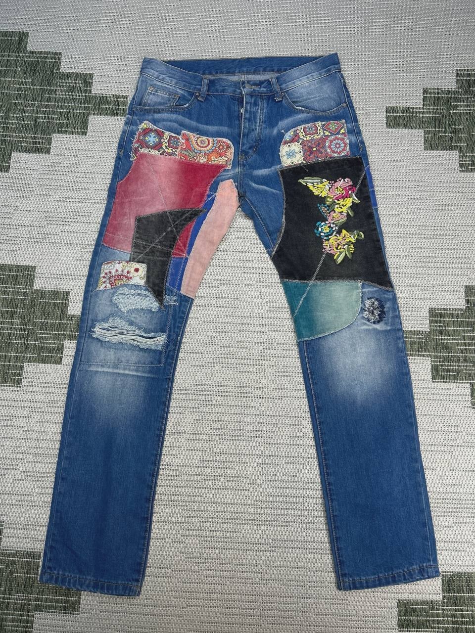Mnml Bandana Patchwork Jeans Mens 32 Blue Denim Logo Cotton Distressed 33×32