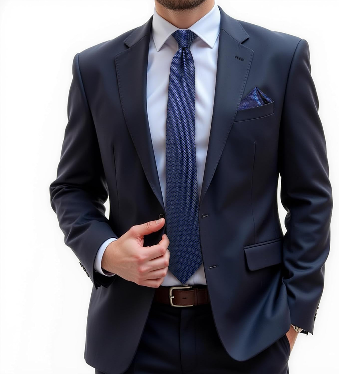 Mens Solid Color Tie and Pocket Square Set Woven Silk Plain Necktie & Handkerchi
