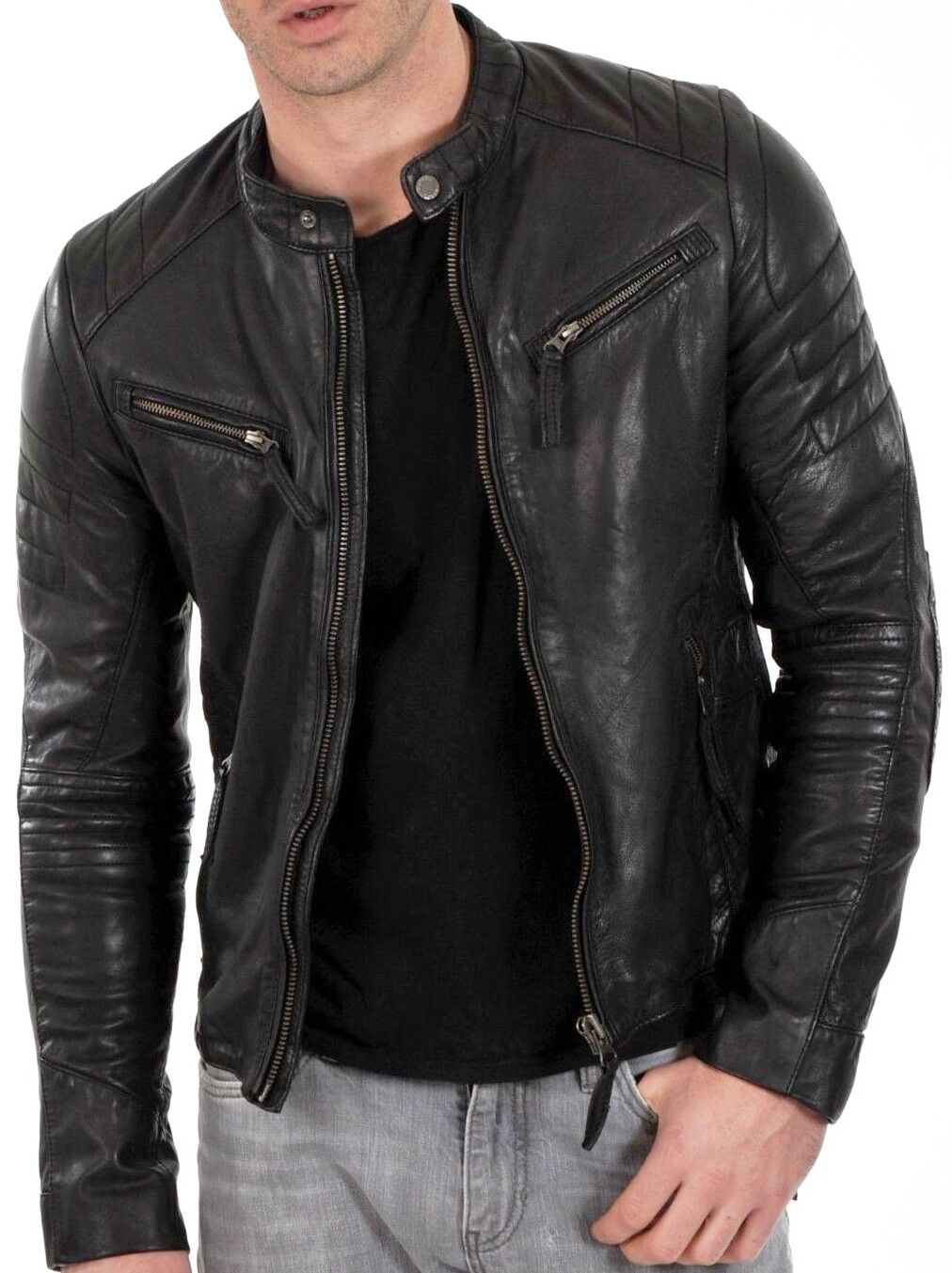 Cafe Racer Leather Jacket Soft Real Sheep Napa Leather Biker Style