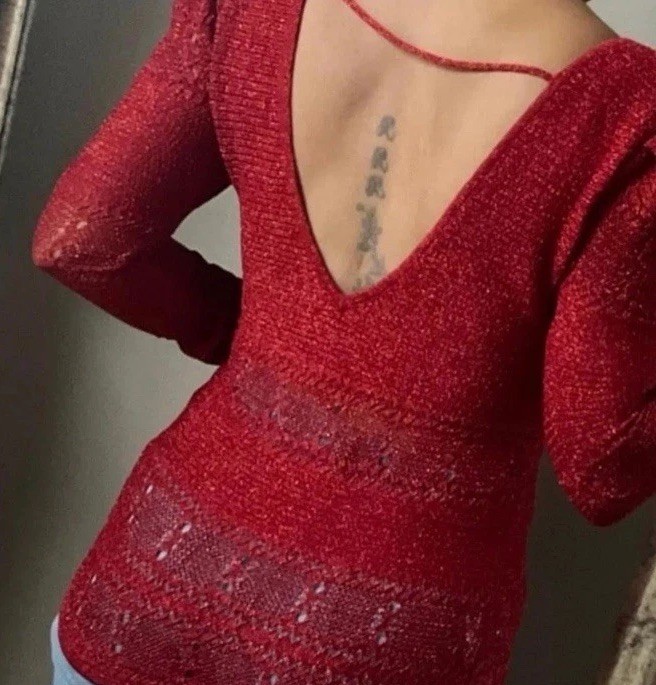 Ronny Kobo metallic cut out back long sleeve lightweight sweater red holiday