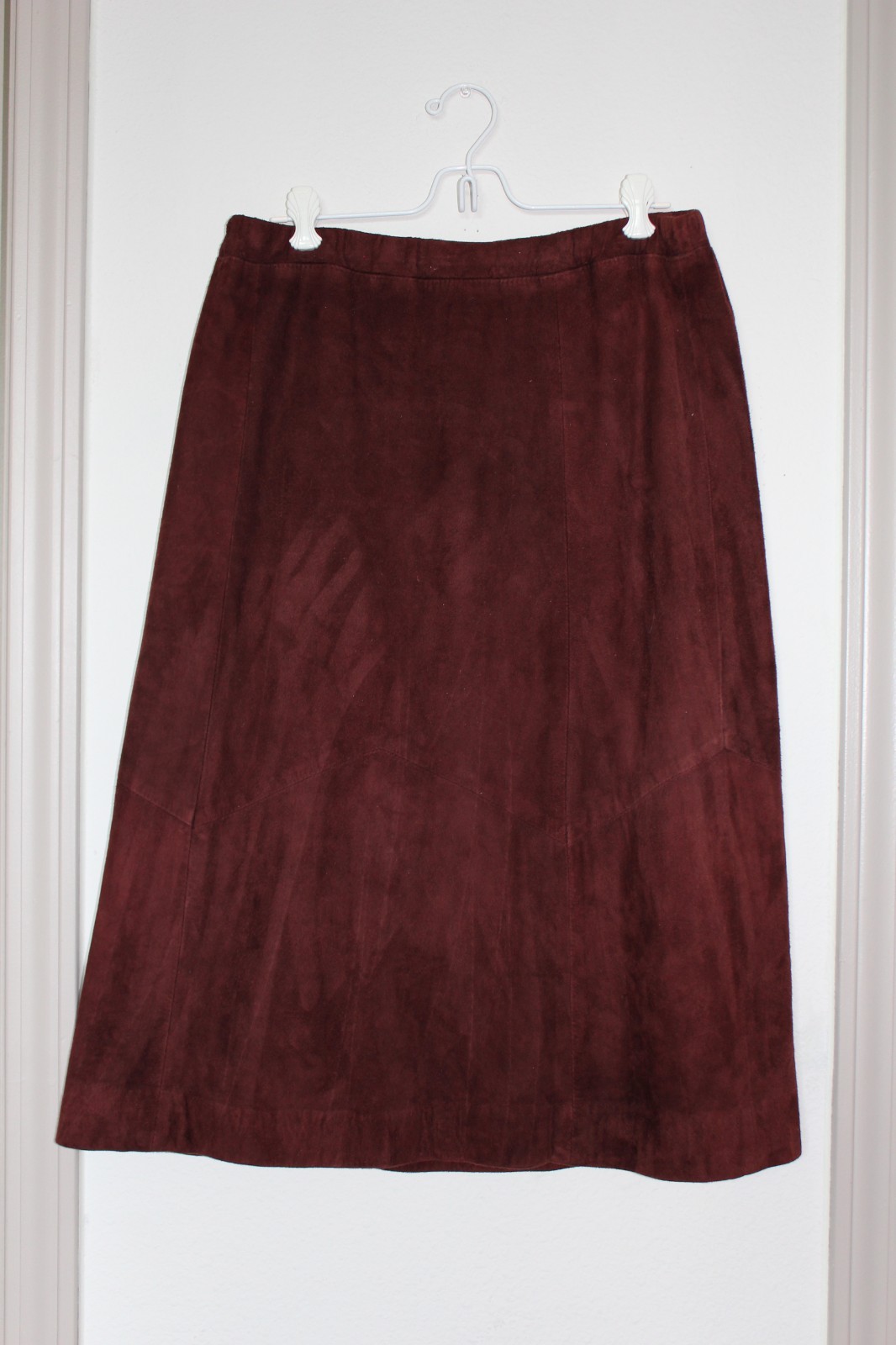 VTG 80s Suede Leather Designs Brown Burgundy Midi Skirt Chevron Panel Elastic L