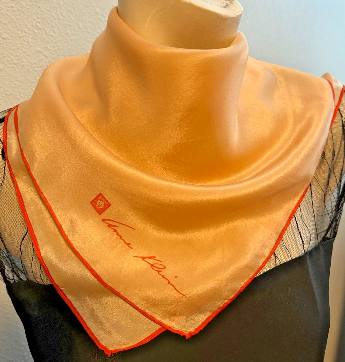 Anne Klein – Vintage 21 x 21 In. Peach/Orange, Solid Color, Silk Scarf -VS-118