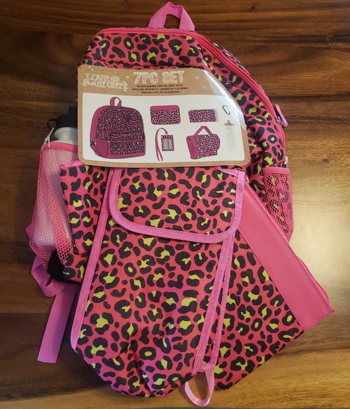 Love @ First Sight 7 Piece Set Leopard Print Backpack Lunch Bag Water Bottle