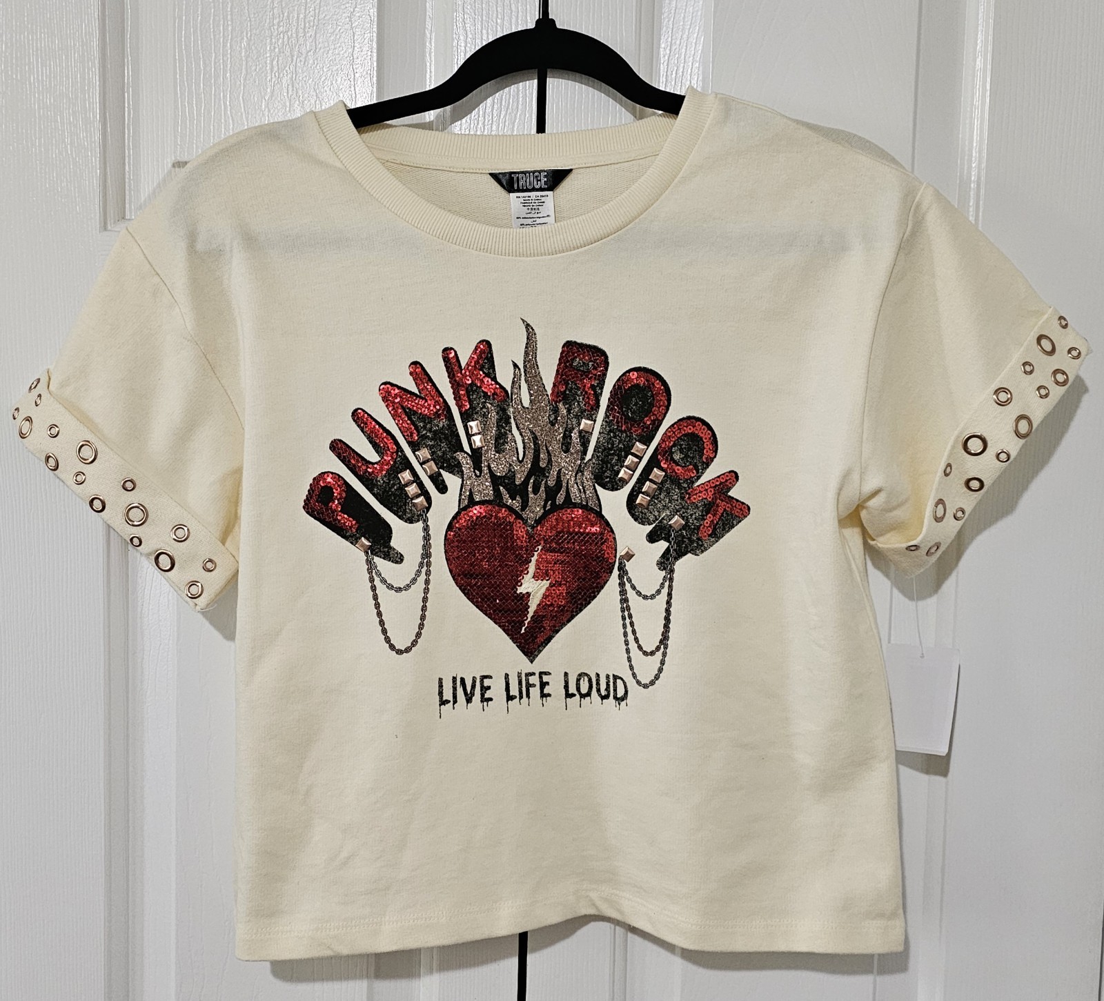 Truce XL (16) Ivory Punk Rock Graphic Sequin Tee, Crew Neck, Cropped