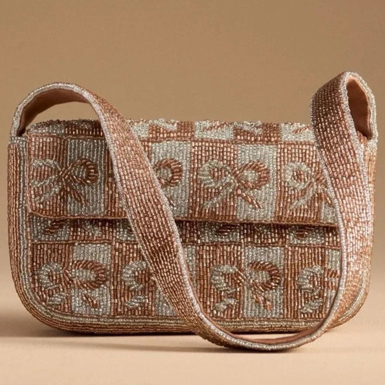 Anthropologie Fiona beaded shoulder bag bows metallic bronze mixed coquette