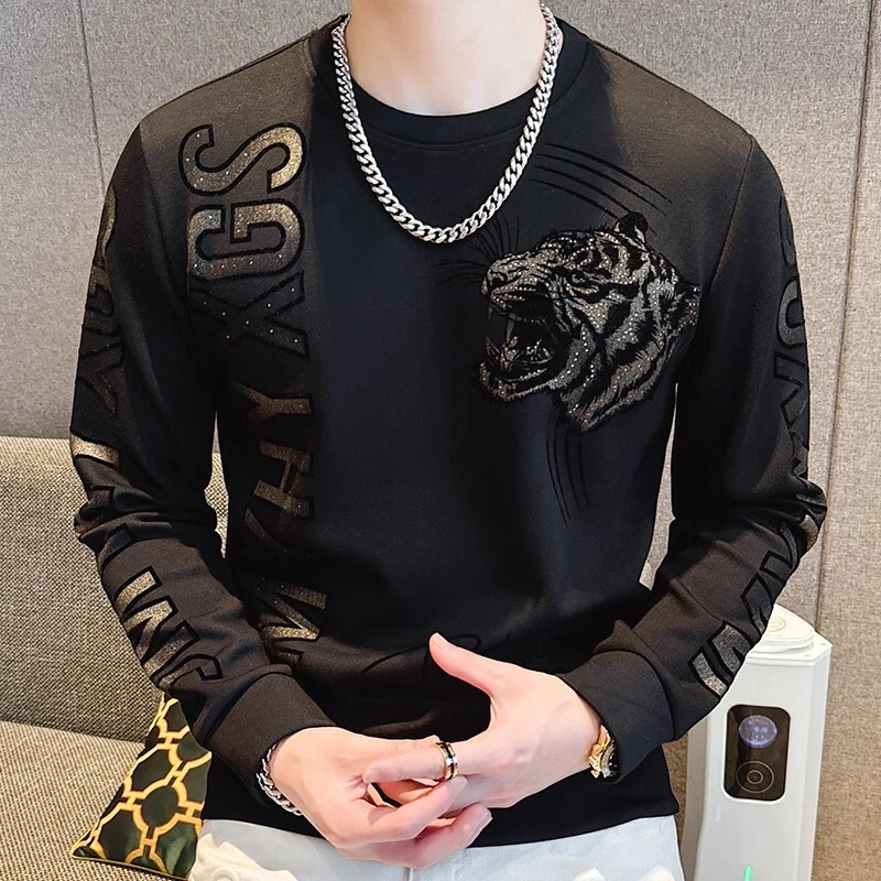 New Men Luxury Diamond Tiger Rhinestones Pullover 3 Colors High Quality