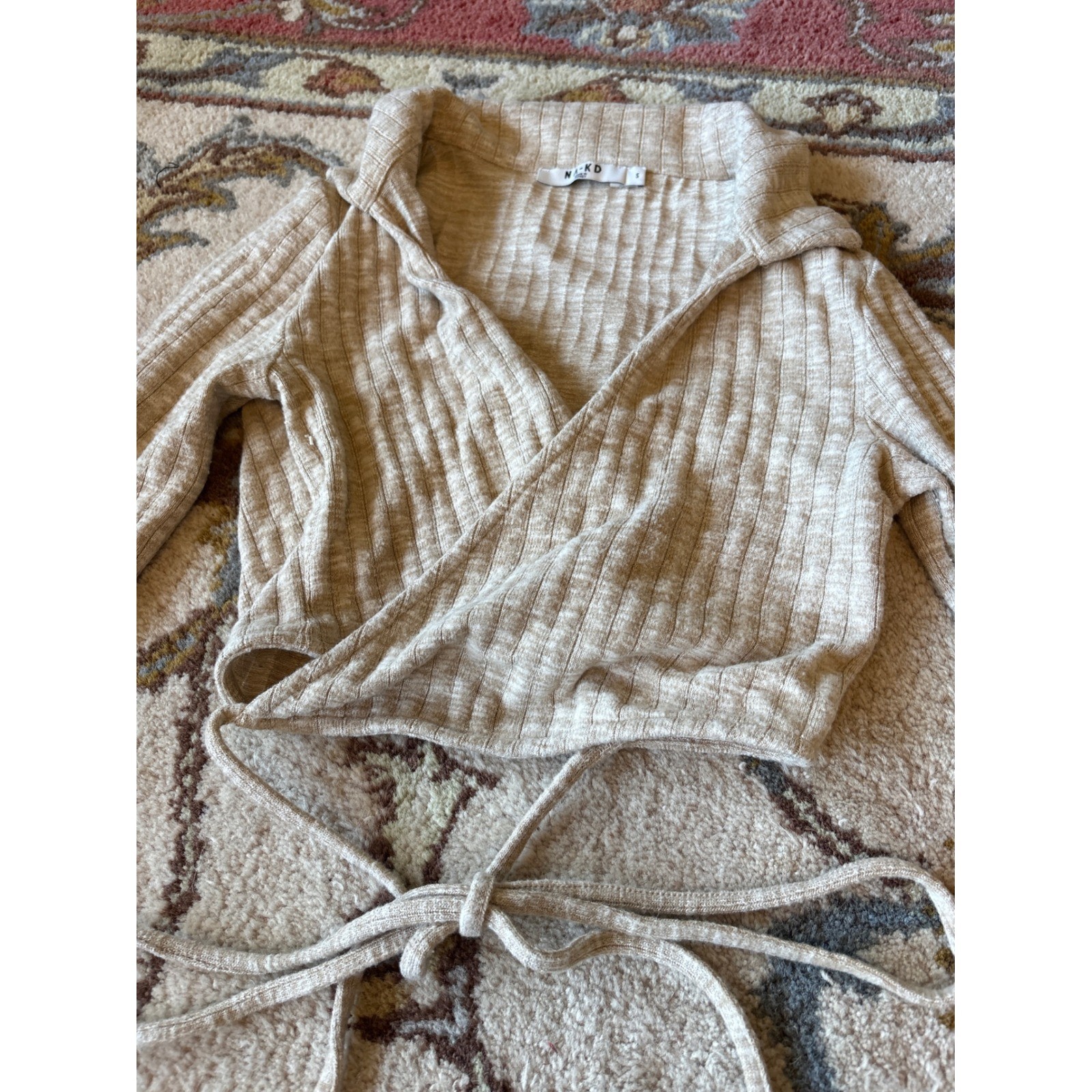 NA-KD Beige Ribbed Knit Wrap Crop Top Long Sleeve Collared Size S