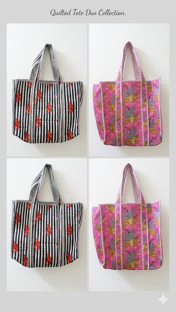 Handmade Quilted Cotton Tote Bag Set Leopard & Lobster Print Beach Shoper 2 item