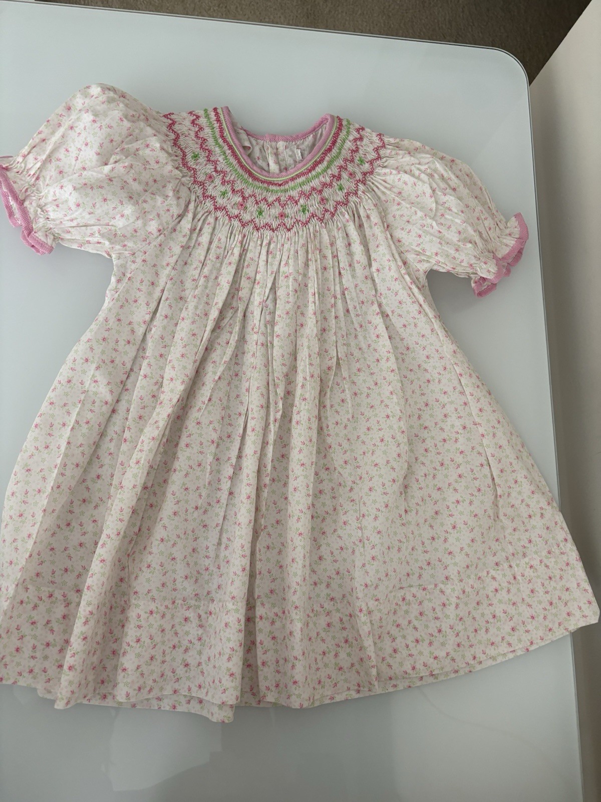 Girls Smocked Floral Dress White Pink Green Puff Short Sleeve Knee Cotton