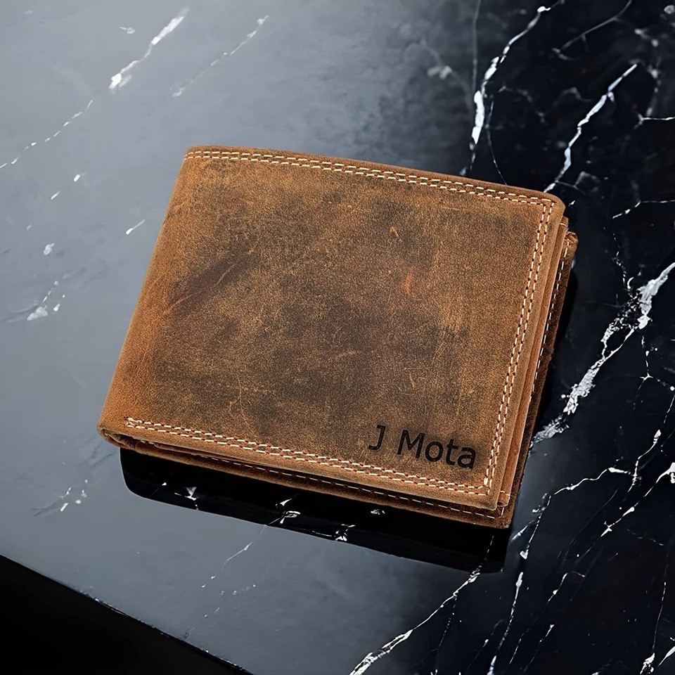 Personalised Custom Engraved RFID Blocking Mens Distressed Hunter leather Wallet
