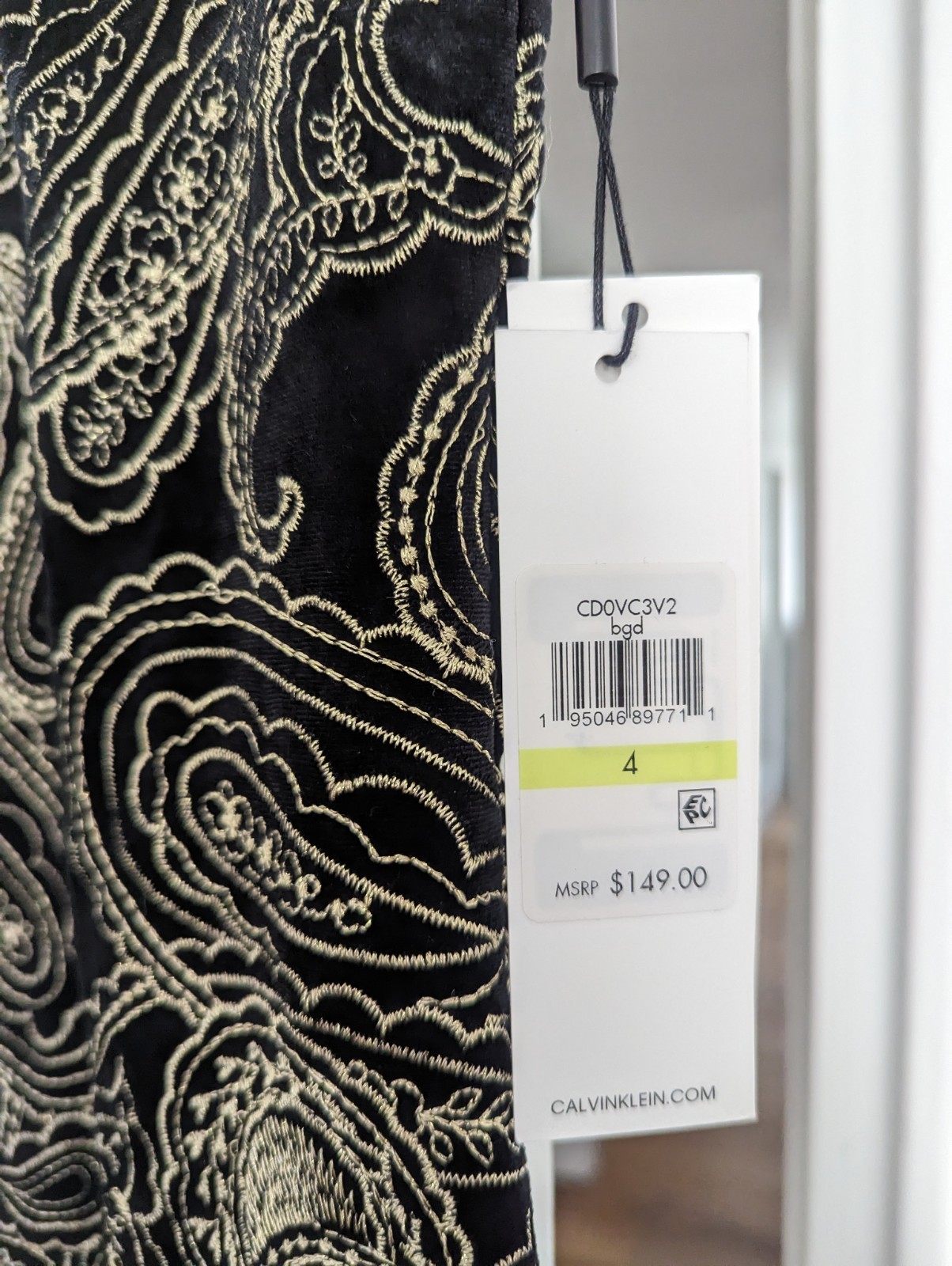 NWT Calvin Klein BIack Gold Paisley Embroidered Vellvet Dress
