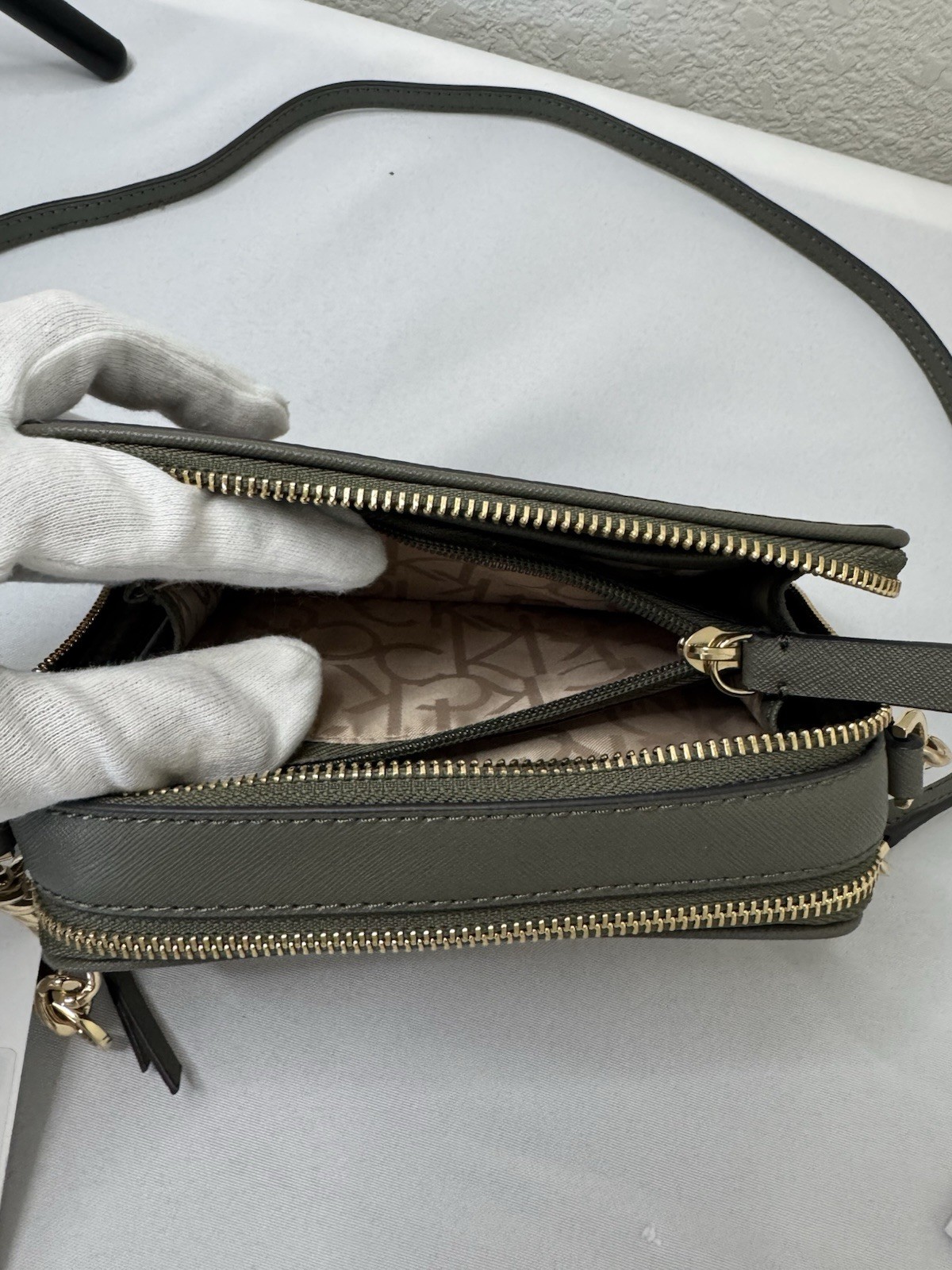 Calvin Klein Marybelle Signature Double Zip Organizational Crossbody bag Khaki