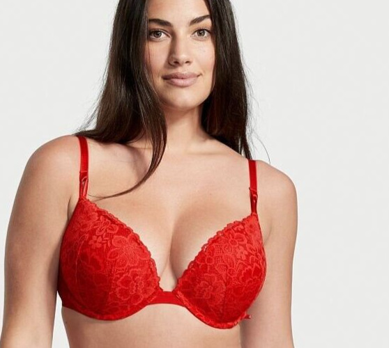 38D Red FLORAL LACE w Mesh Wings Extreme Lift Victorias Secret Plunge PU UW Bra
