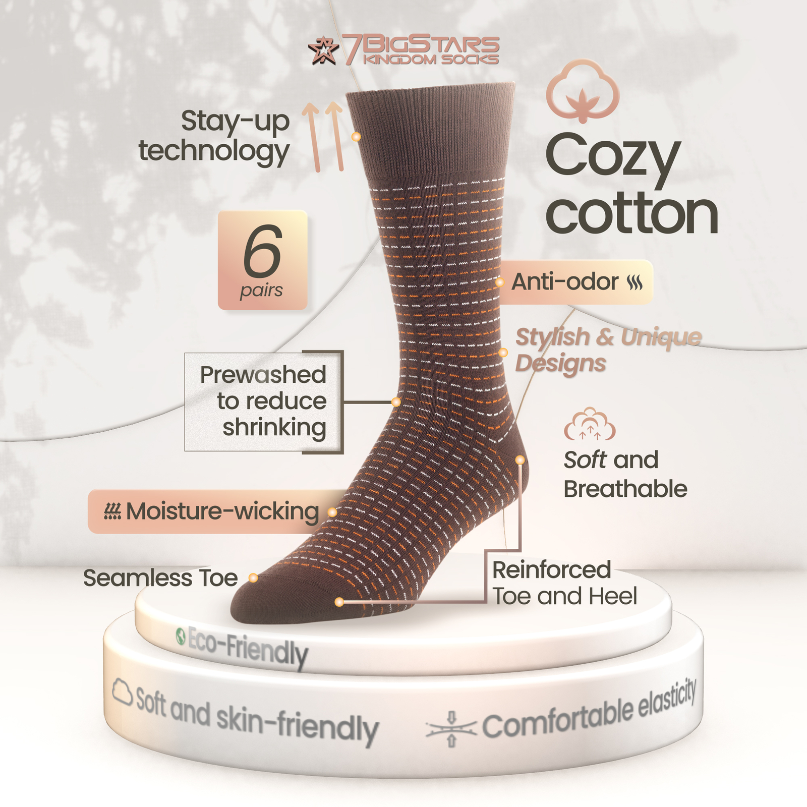Men Cotton Dress Socks 6 Pack Large Argyle Polka Dot Stripes Beige Tan Brown