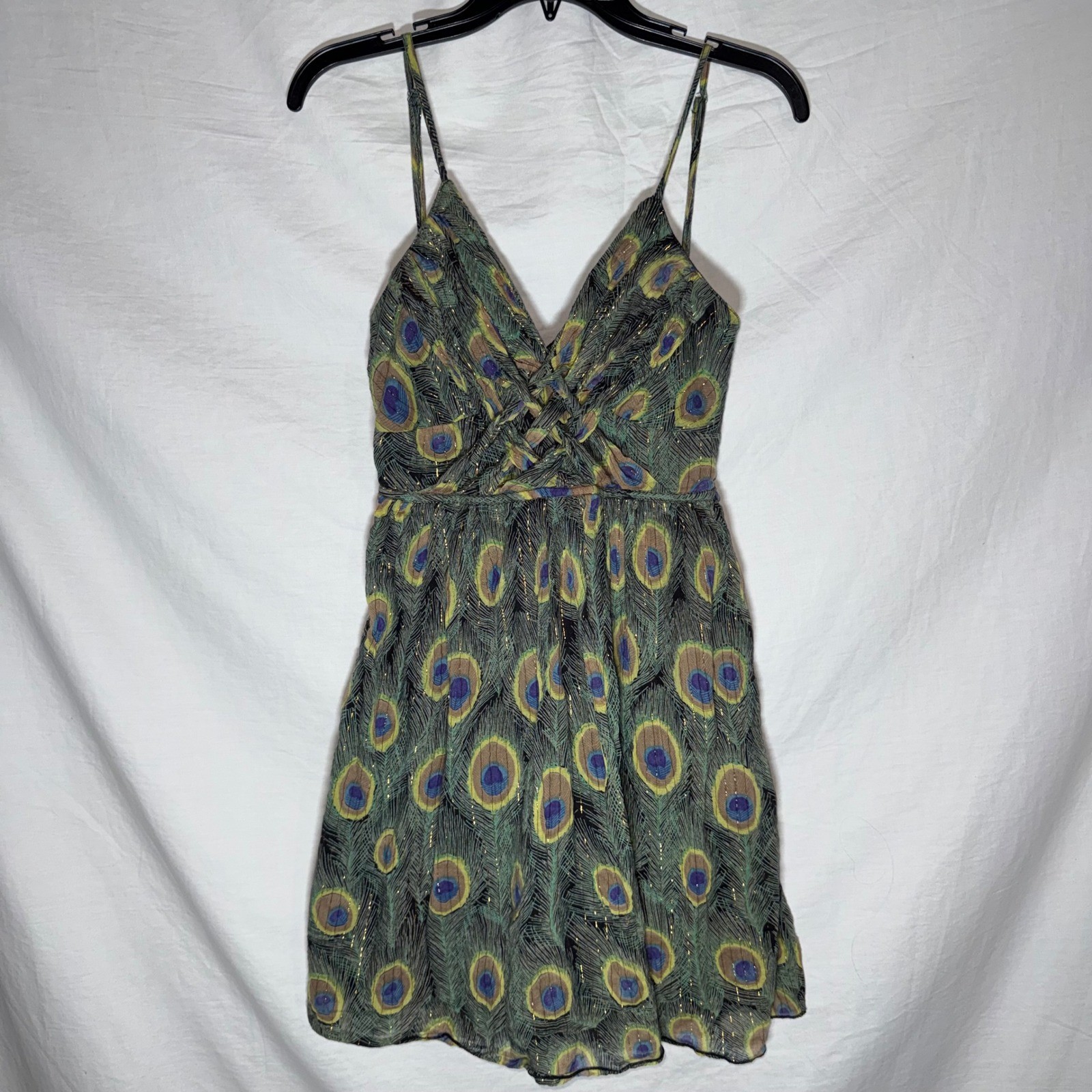 Pura Vida Peacock Feather Print Mini Dress Gold Metallic Cotton Green Blue Sz 6