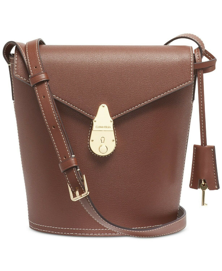 Calvin Klein Lock Leather Bucket Bag, Brown NIP