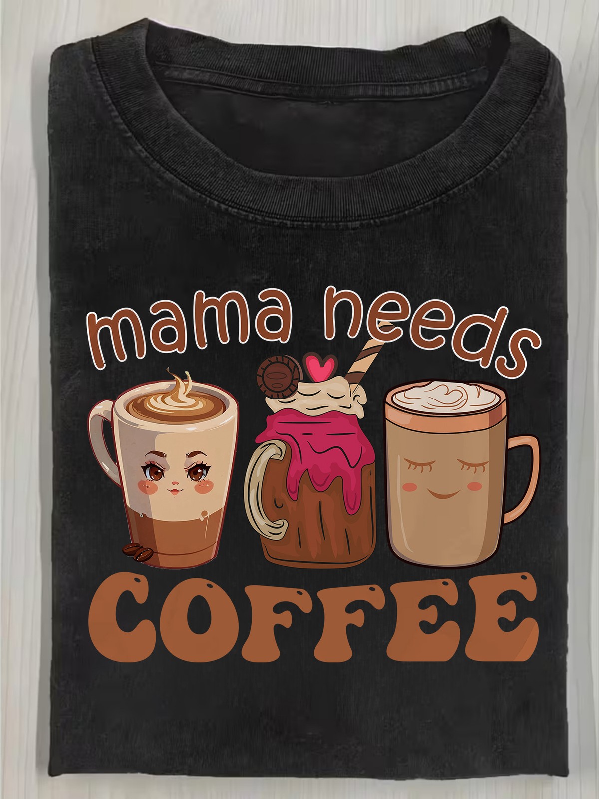Fashion Vintage Coffee T-shirt, Short Sleeve Crew Neck Custom Patterned