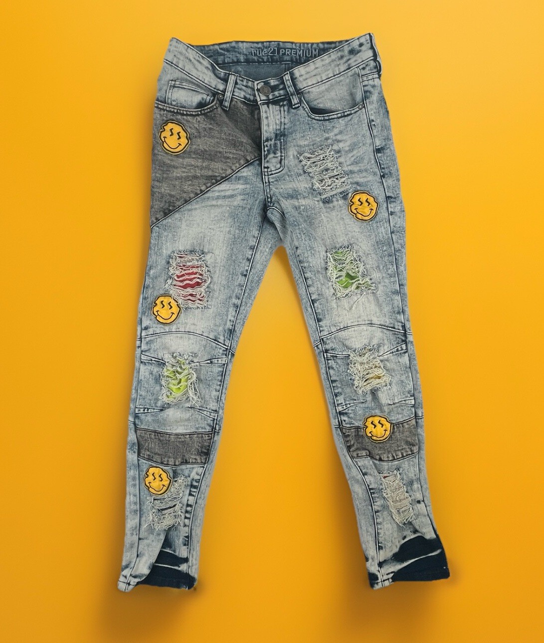 Rue 21 Jeans Men’s 28×30 Skinny Supreme Grunge Hippie Moto Acid Wash Patches