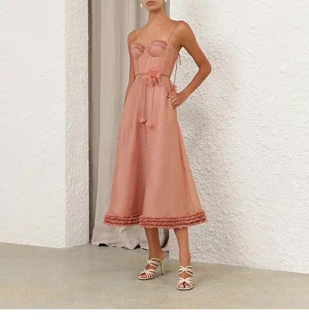 Zimmermann 2026 | Pink Ruffle Spaghetti Strap Midi Dress, Australian Designer