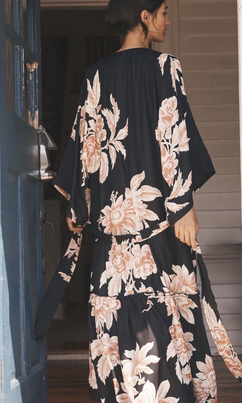 By Anthropologie Long Sleeve Duster Kimono Black+Pink Tropical Flower SZ 2X READ