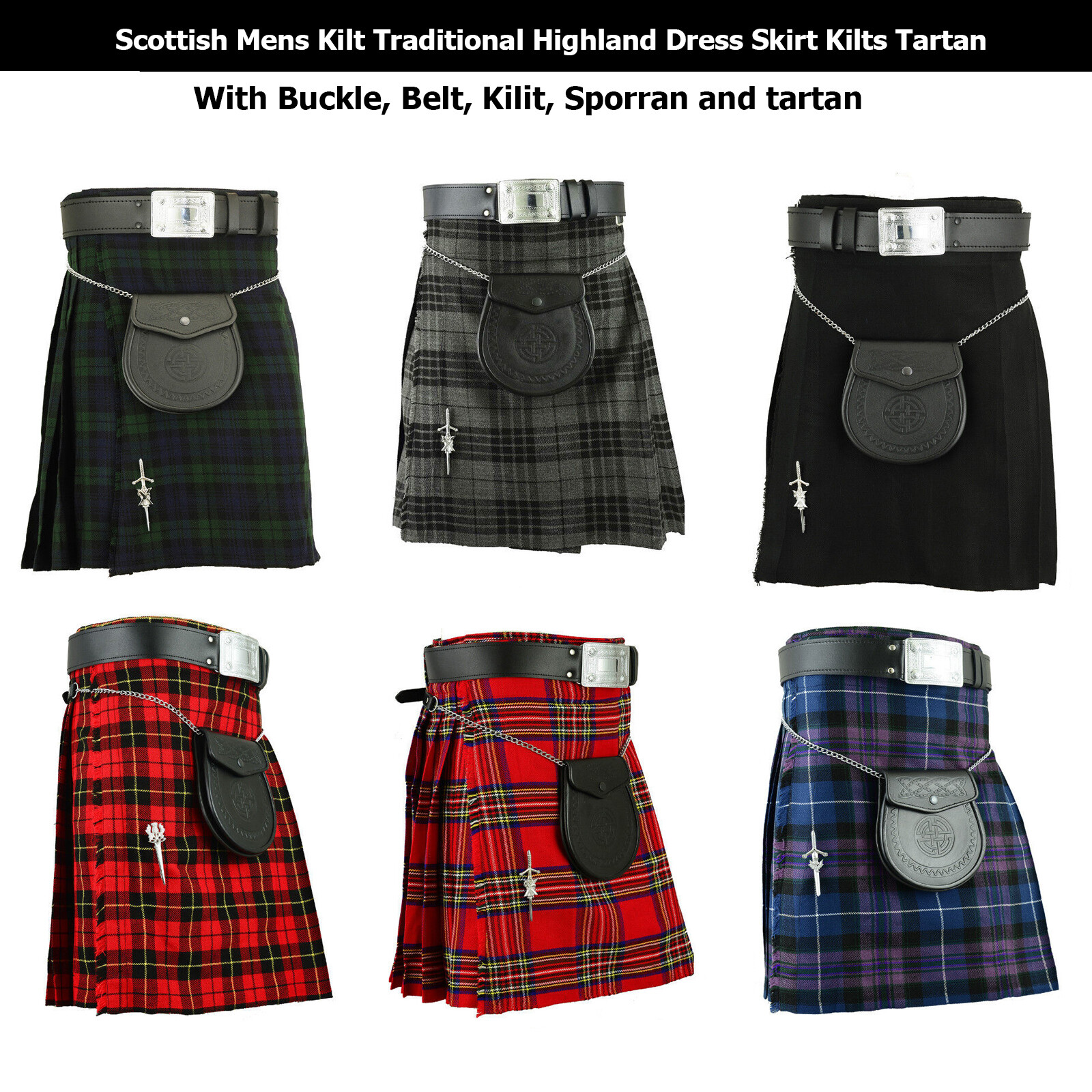 Scottish Men Traditional Highland Skirt Dress Kilt Tartan Buckle, Belt & Sporran