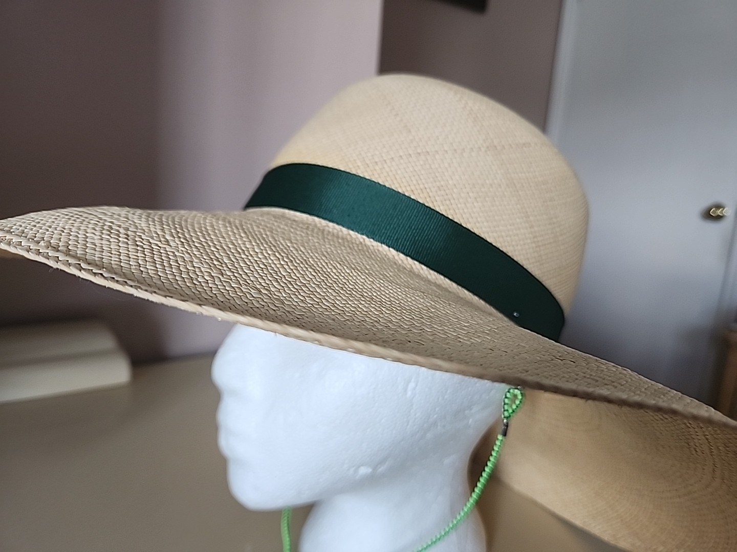 Handwoven Ecuador Panama Hat Wide Brim Toquilla Straw Green Ribbon Sun Hat S