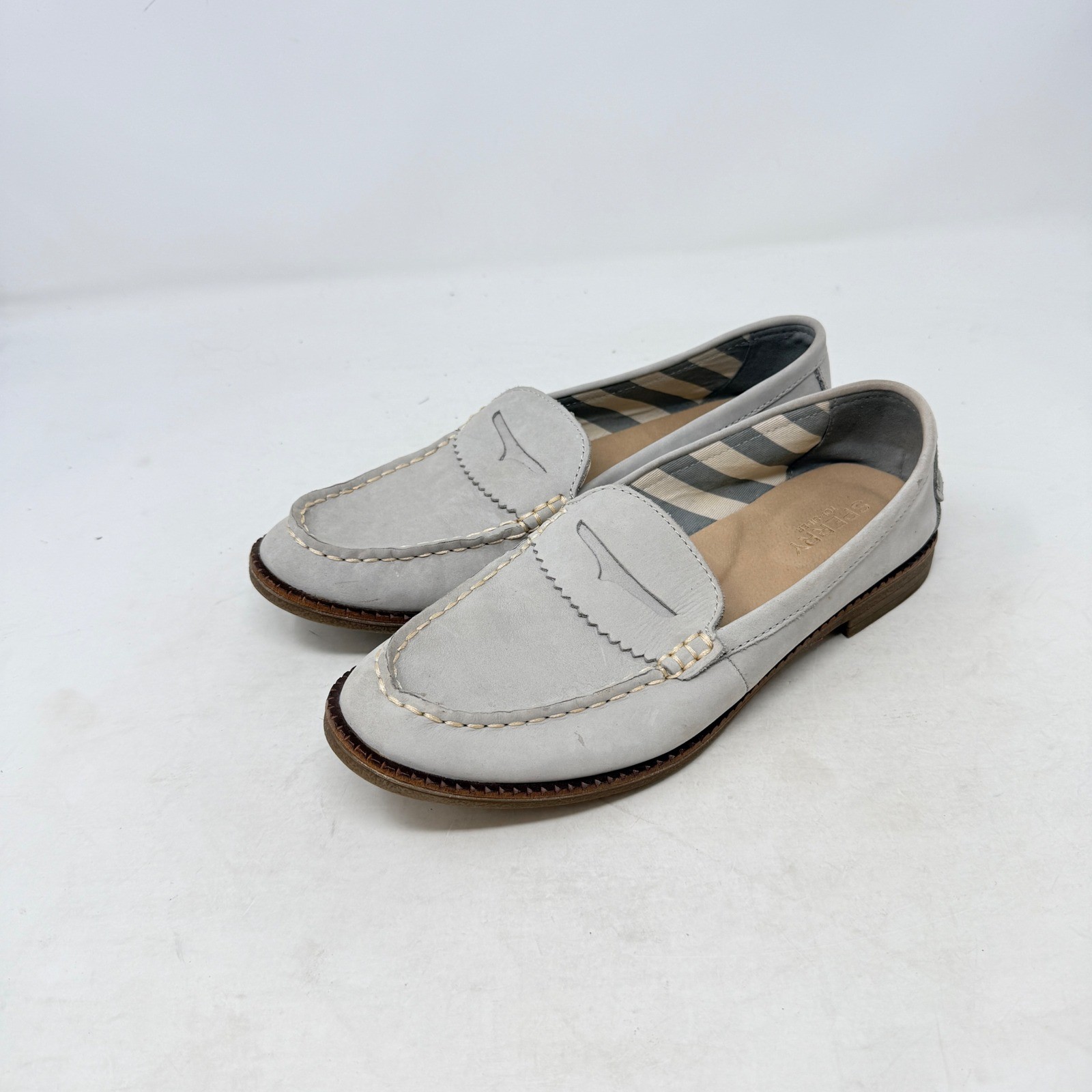 Sperry Seaport Penny Loafers Grey 7 Nubuck Leather Boat Shoes Coastal Nautical