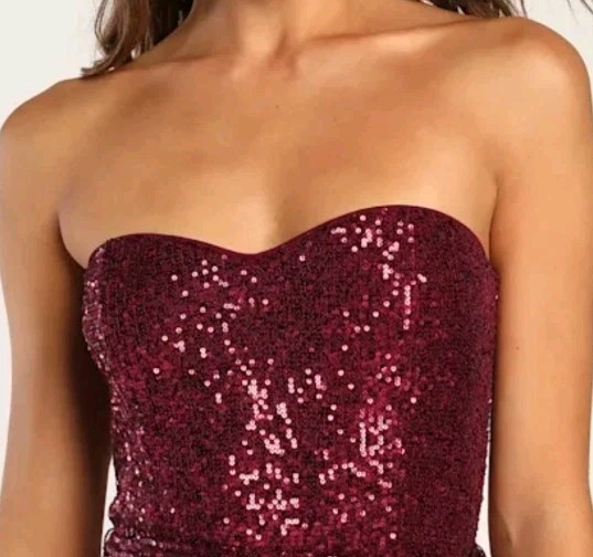 NWT! LULUS Flirty Moves Wine Red Sequin Strapless Wide-Leg Jumpsuit! Size M