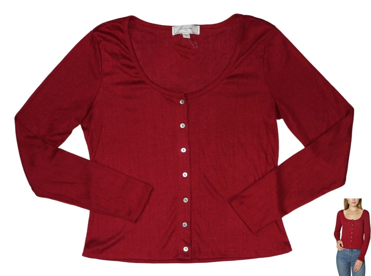 No Comment NY LA Button Front Pointelle Lightweight Long Sleeve Juniors Top NWT