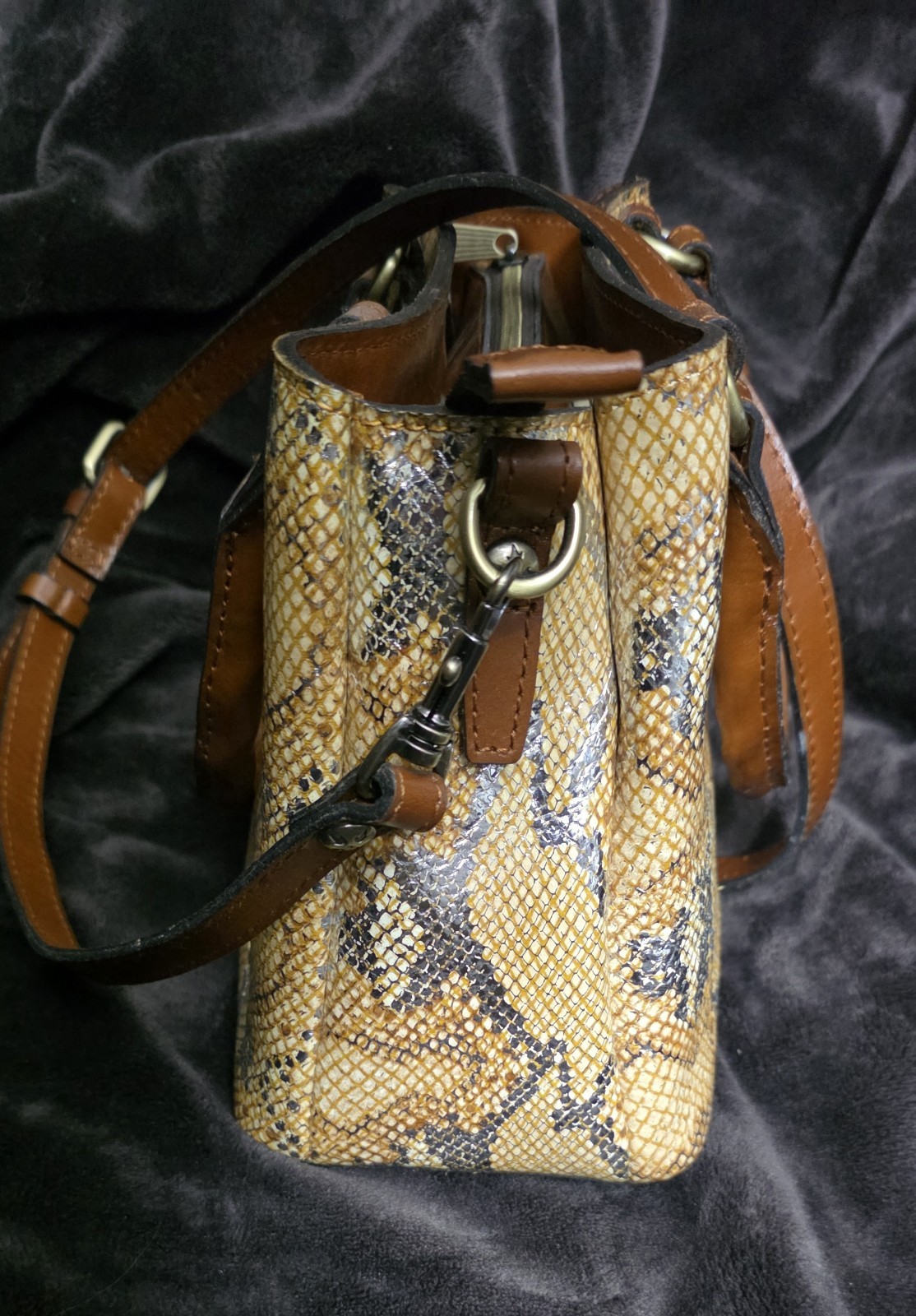 Patricia Nash Tan/Brown/Gray Snake Print Satchel Bag Zip, Detachable Strap