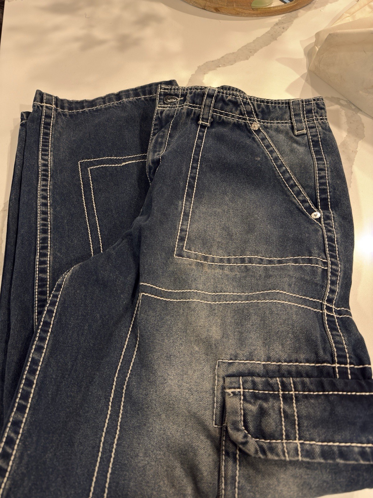 True Religion Men’s Blue Denim Cargo Jeans Relaxed Fit Medium Wash Size 36