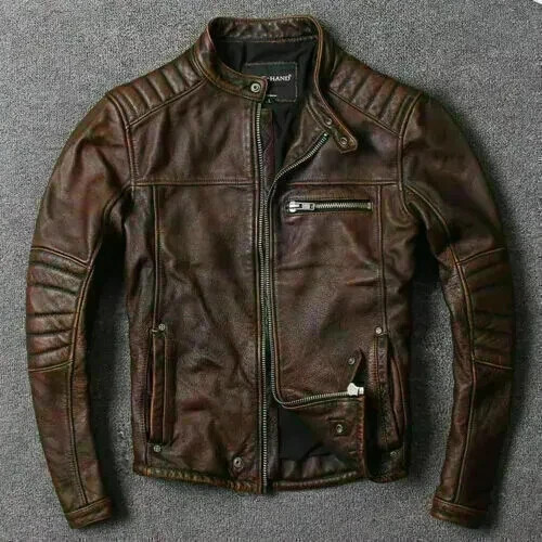 Men’s Motorcycle Biker Vintage Cafe Racer Distressed brown Real Leather Jacket