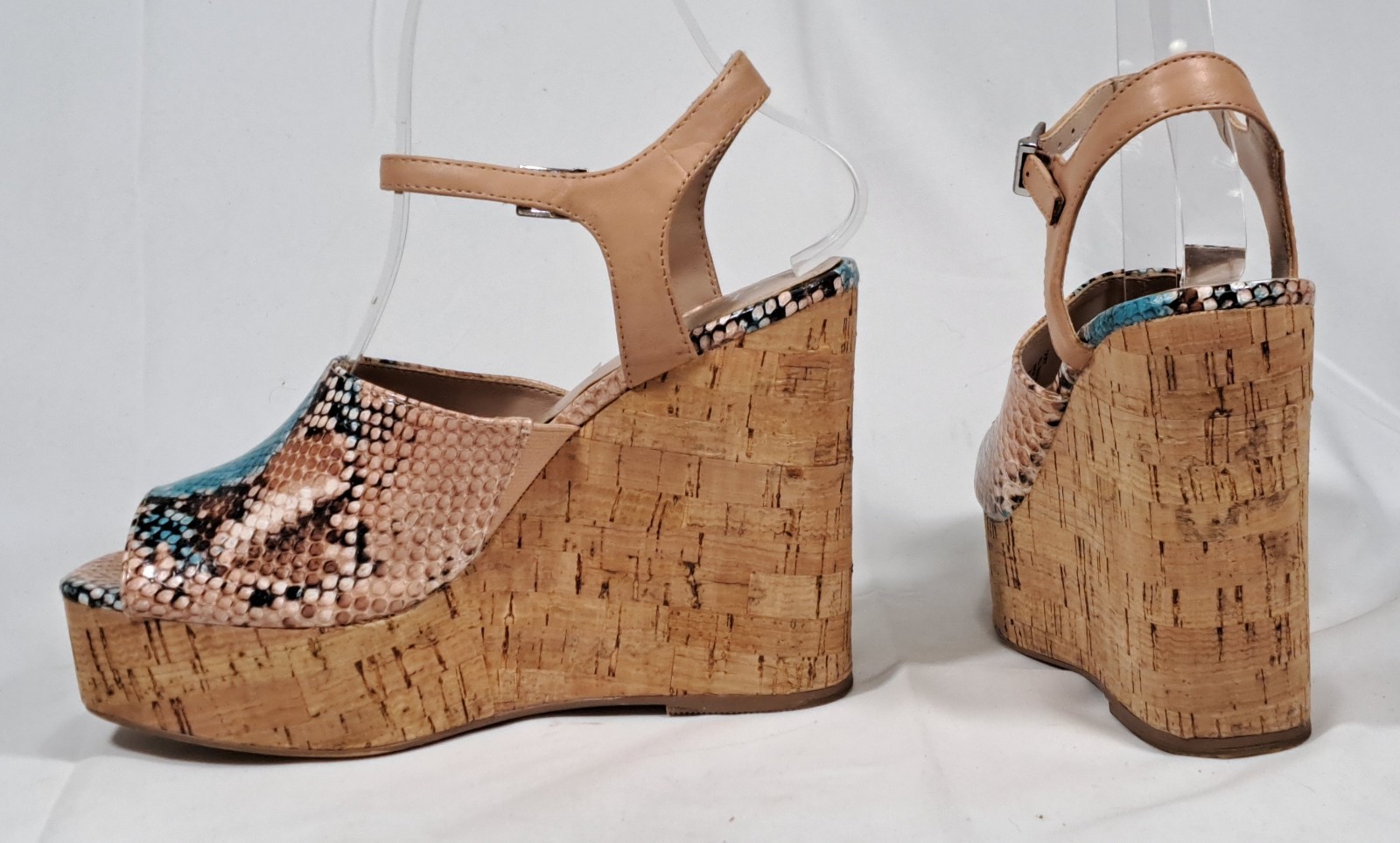 Charles by Charles David Snakeskin Cork Wedge Sandals Turquoise Tan Womens 6.5M