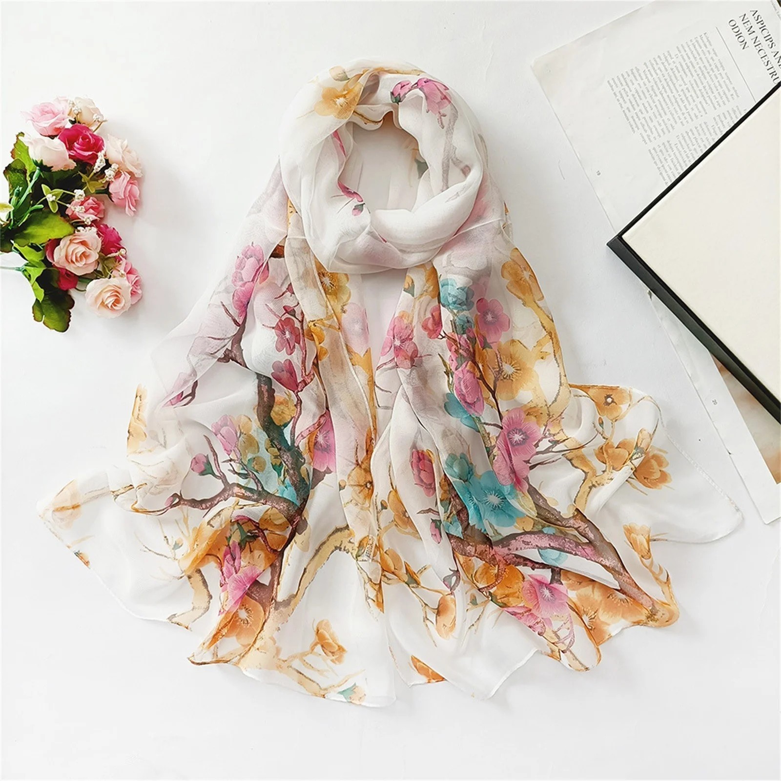 Ivory Blossom Fashion Scarf Women’s Chiffon Printed Soft Fashion Wrap 63 x 19 in