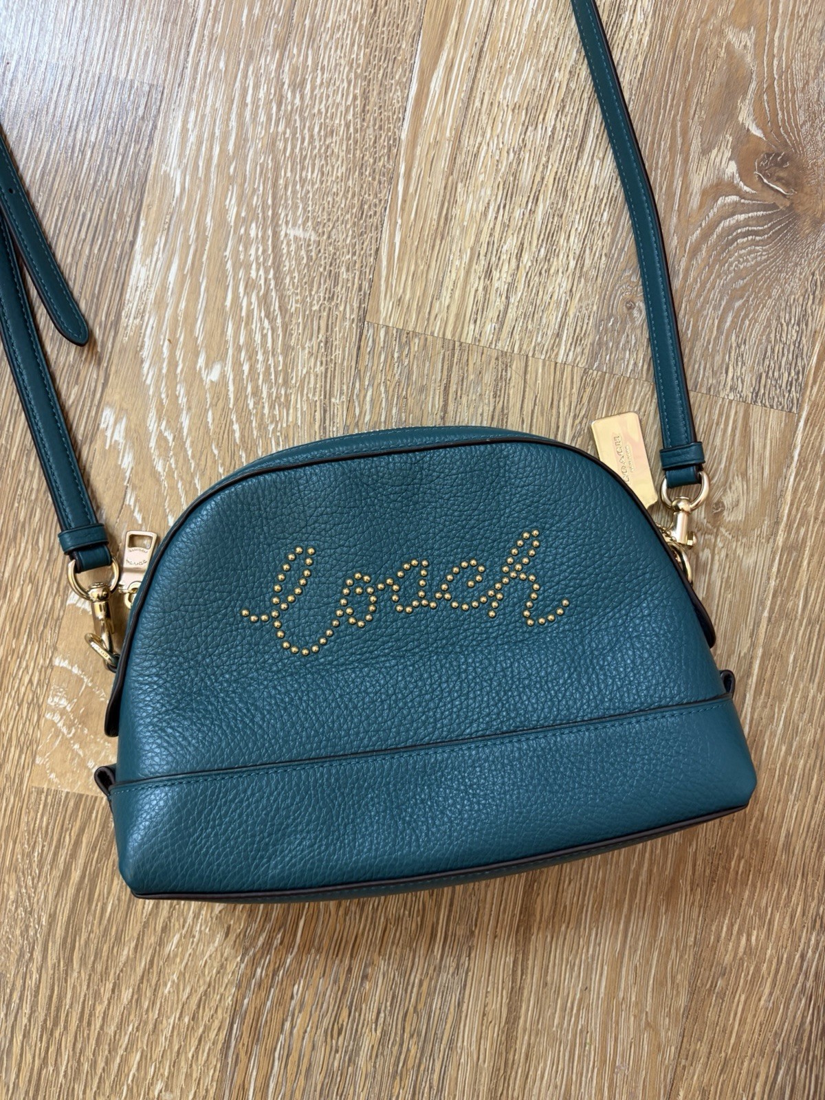 Authentic Coach Green Pebbled Dome Crossbody Zip Bag Logo Studs Detachable Strap