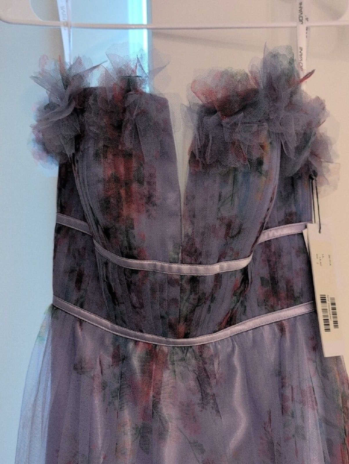 Jovani Lavender Floral Strapless Tulle Gown with Pastel Blooms