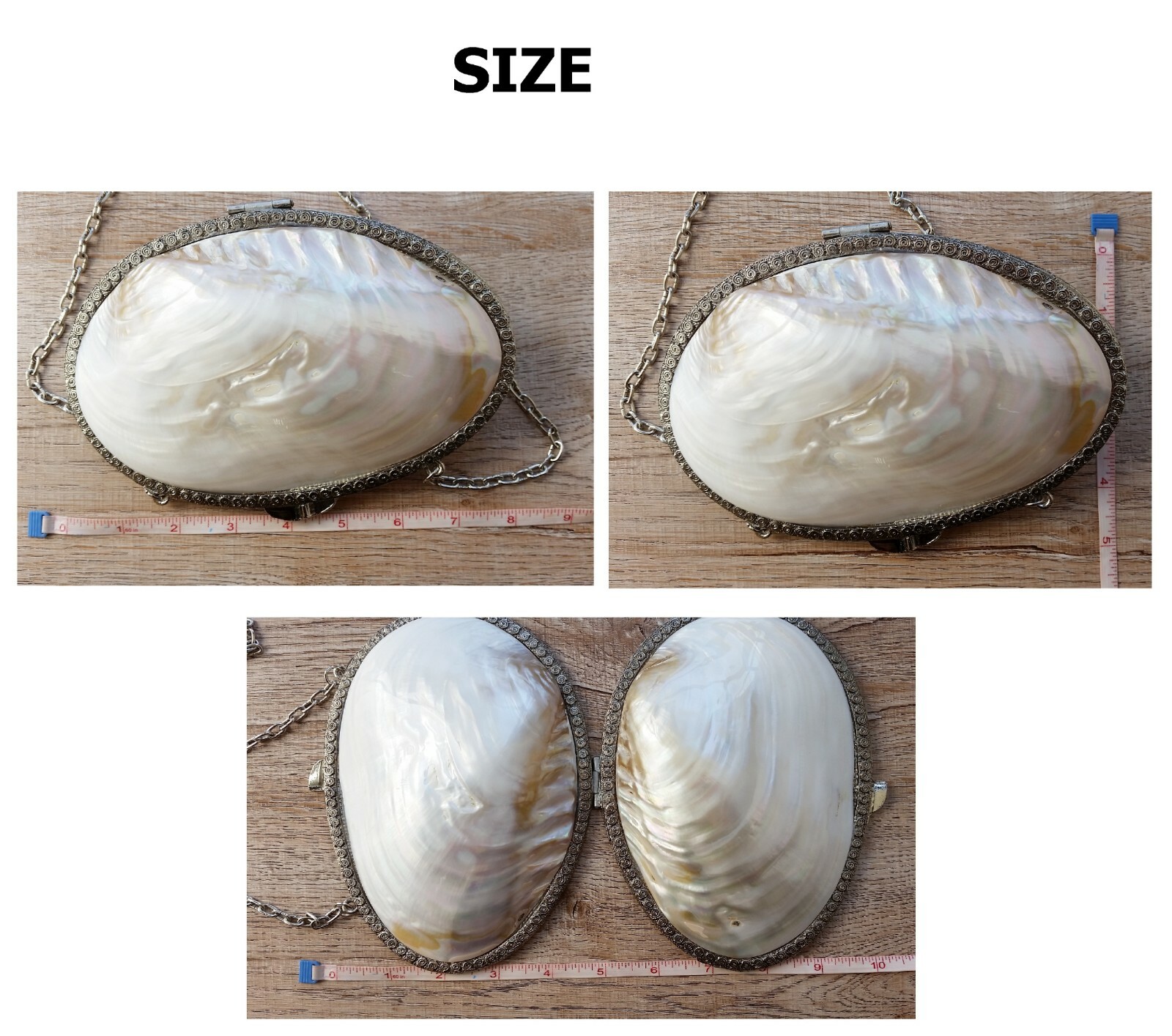 Vtg Mother of Pearl Clutch Bag Shell Pouch Shoulder Chain Hasp White Lady Mom 8″