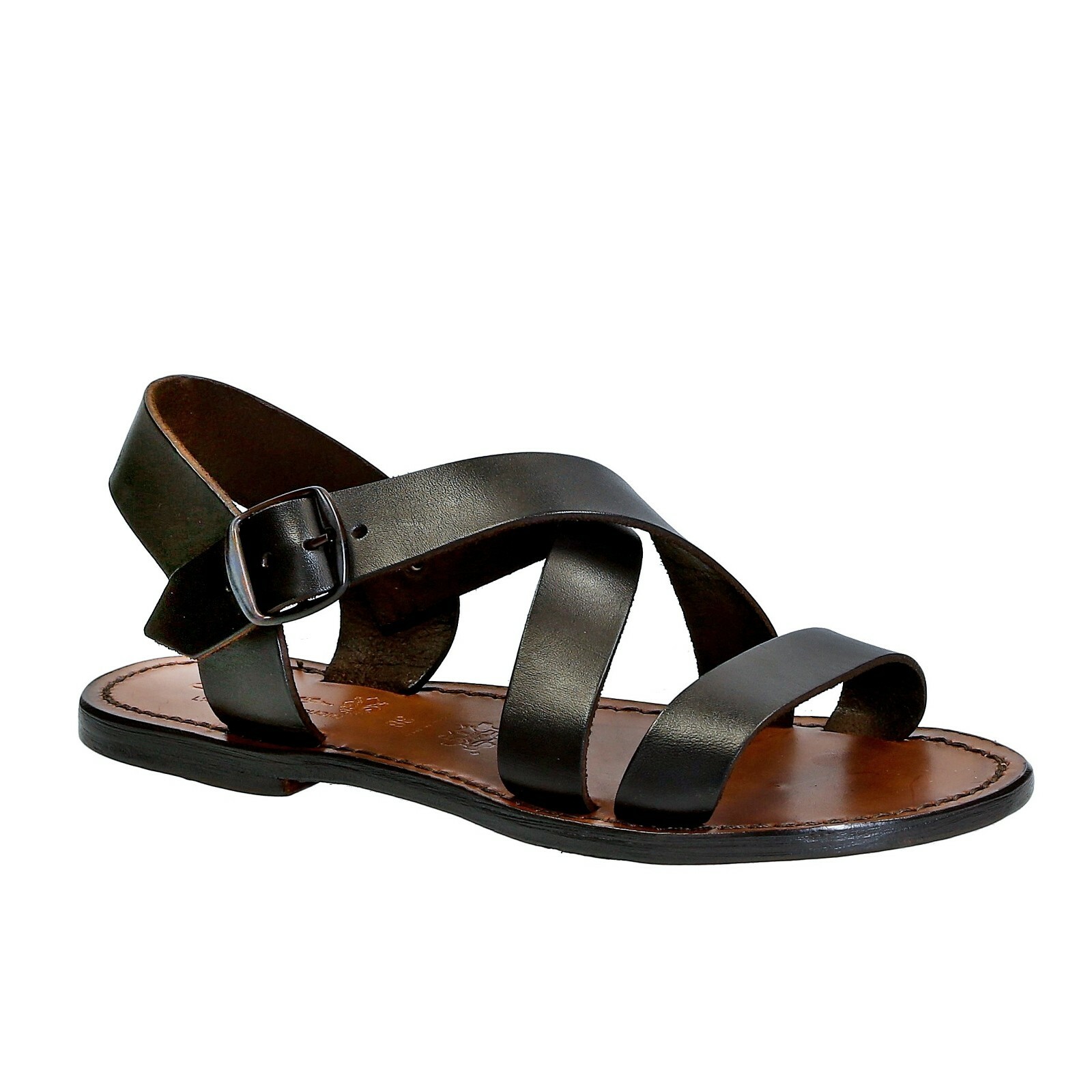 Dark brown leather flat ankle strap sandals shoes for women Handmade in Italy