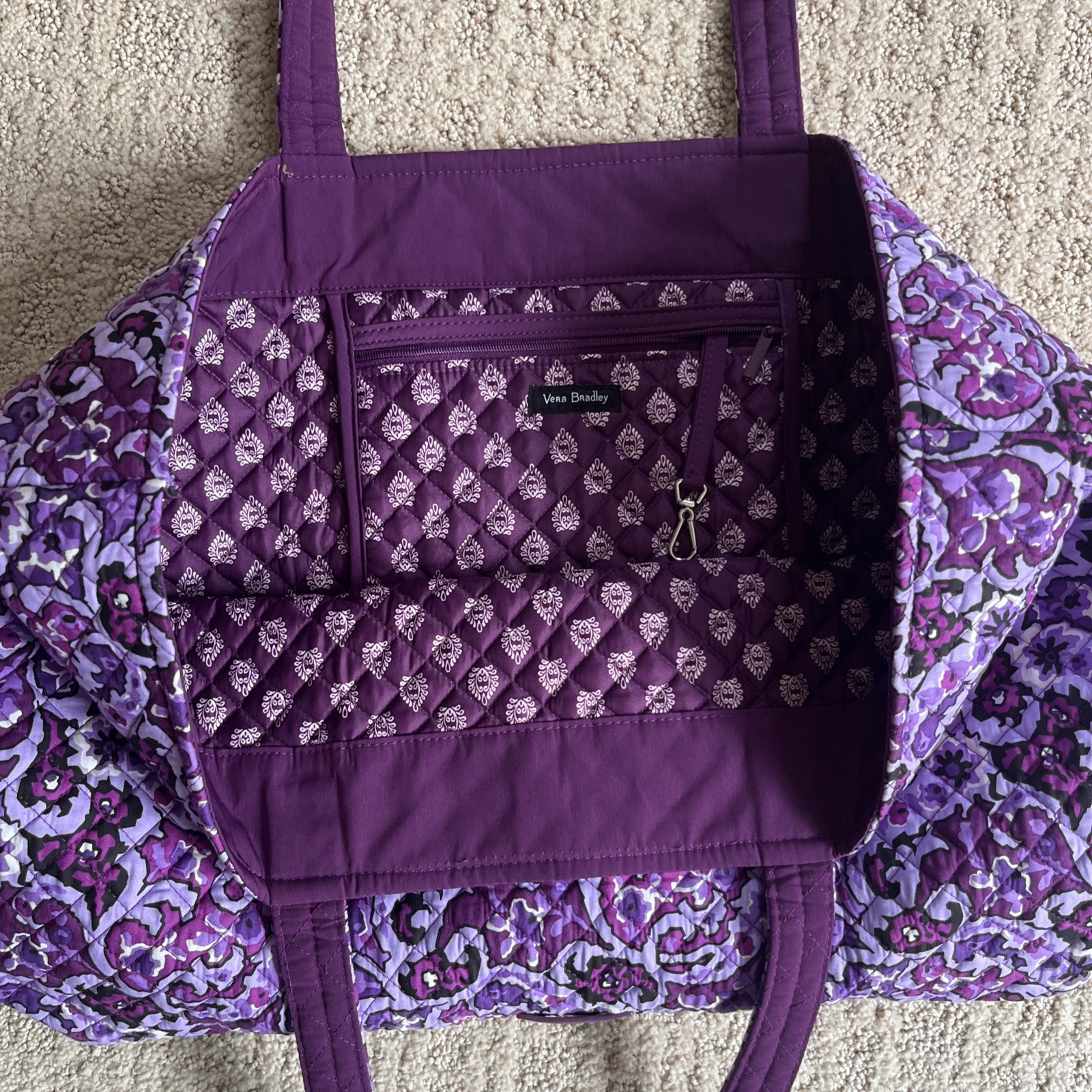 Vera Bradley Purple Floral Quilted Tote Bag, Lined Inner Pockets, Double Handles