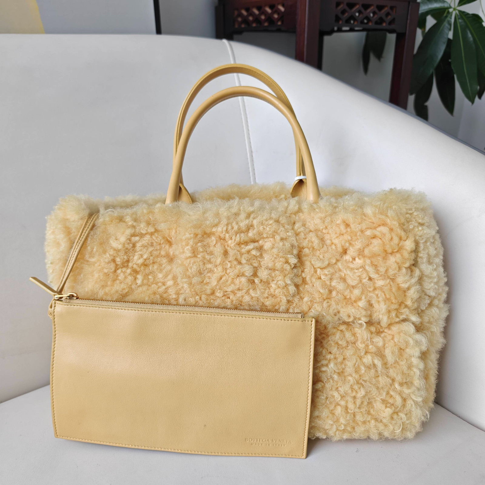 Authentic Bottega Veneta Plush Tote Bag Shearling and Leather Tote Bag Yellow