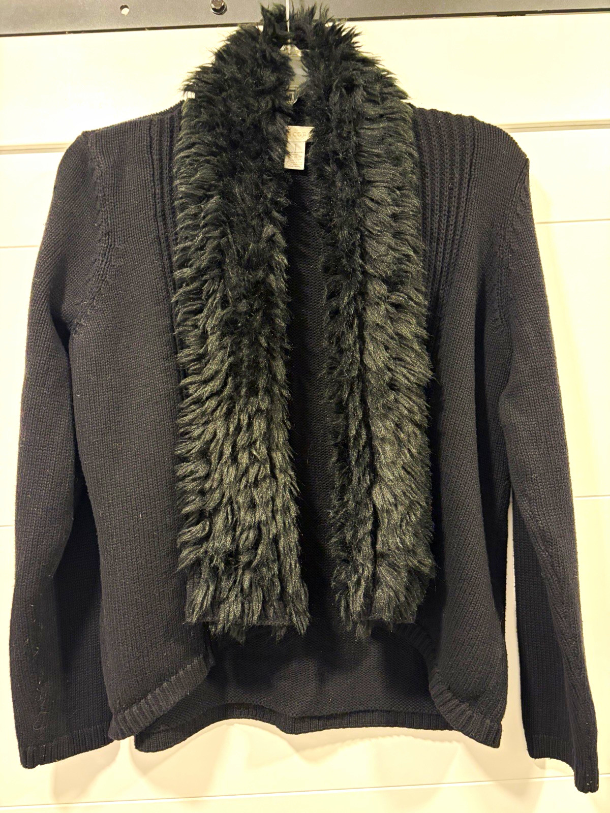 Chico’s Black Knit Open Front Cardigan Sweater Faux Fur Trim Long Sleeve 1